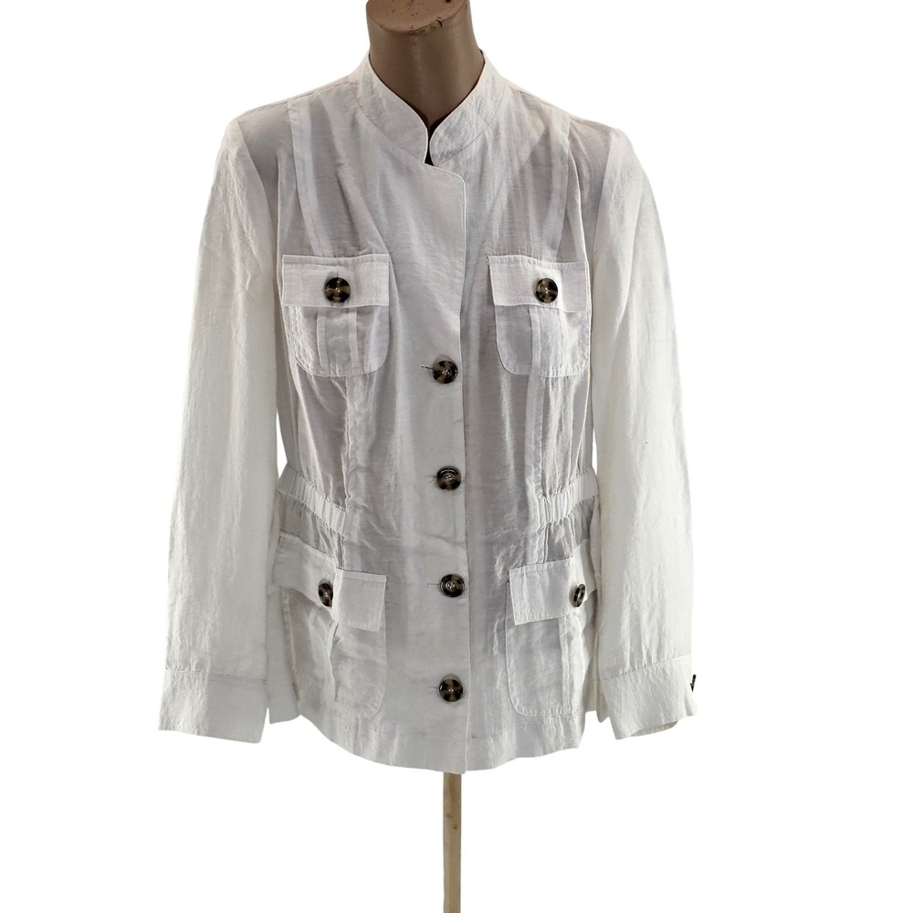 Chico's Jacket Womens 0 White Utility Safari Button Front Pockets Elastic Waist
